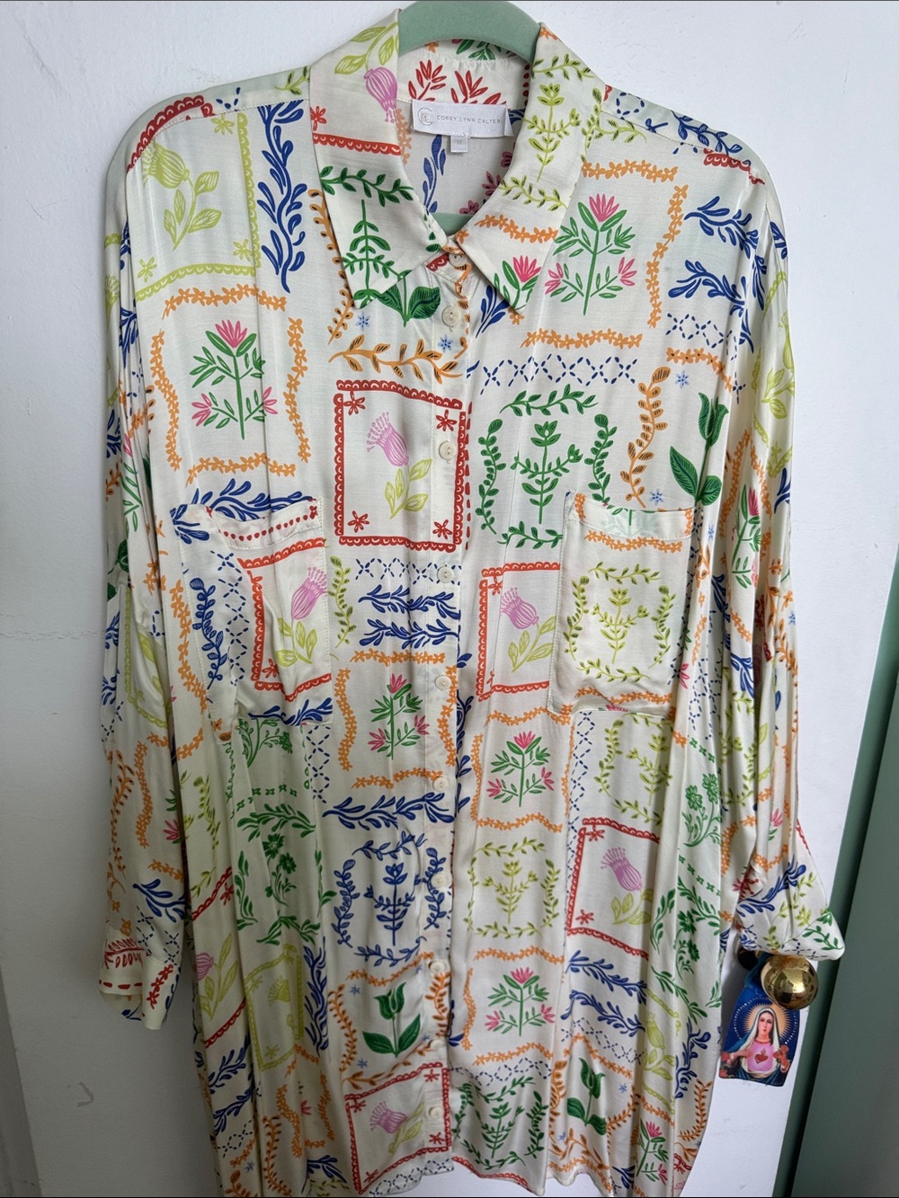 Button-Up Floral Patchwork Long Sleeve Dress - White Multicolor